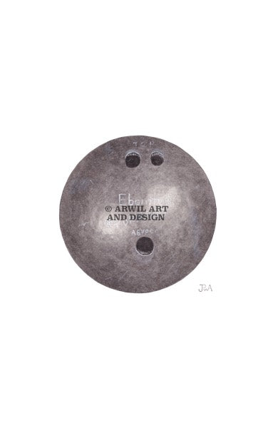 Watercolour illustration of a bowling ball, with gentle shading and fine line details. Watermark copyright Arwil Art and Design
