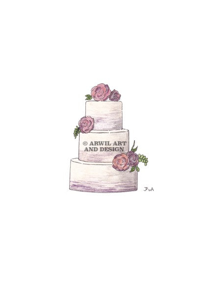 Watercolour illustration of a cake, with gentle shading and fine line details. Watermark copyright Arwil Art and Design