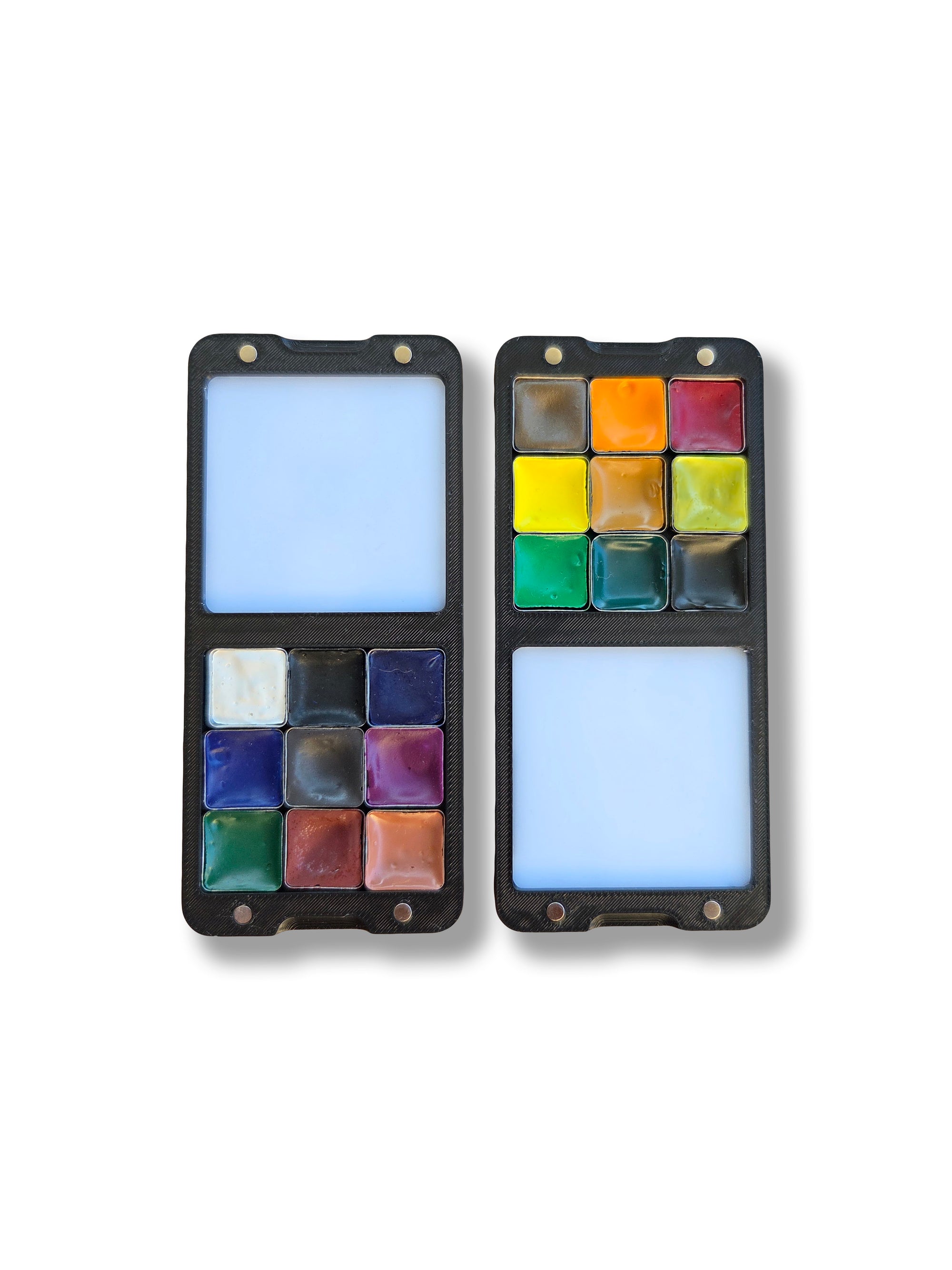 Two halves of an Arwil Art and Design Classic palette on a white background, watercolour paint pans full