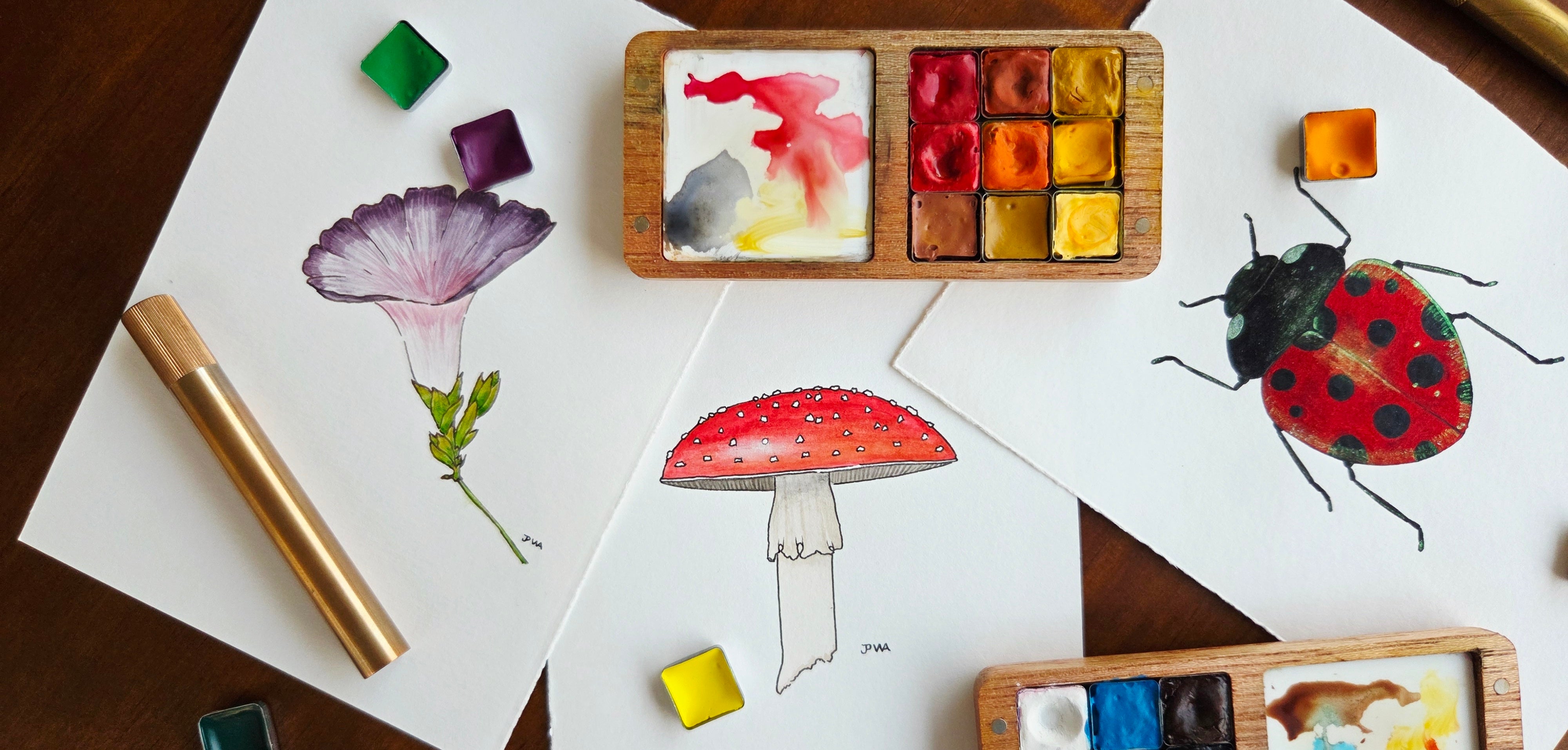 Artistic illustrations of a mushroom, ladybug, and flower on paper with watercolor paints and a paintbrush.