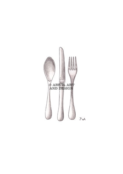 Watercolour illustration of a cutlery set, with gentle shading and fine line details. Watermark copyright Arwil Art and Design