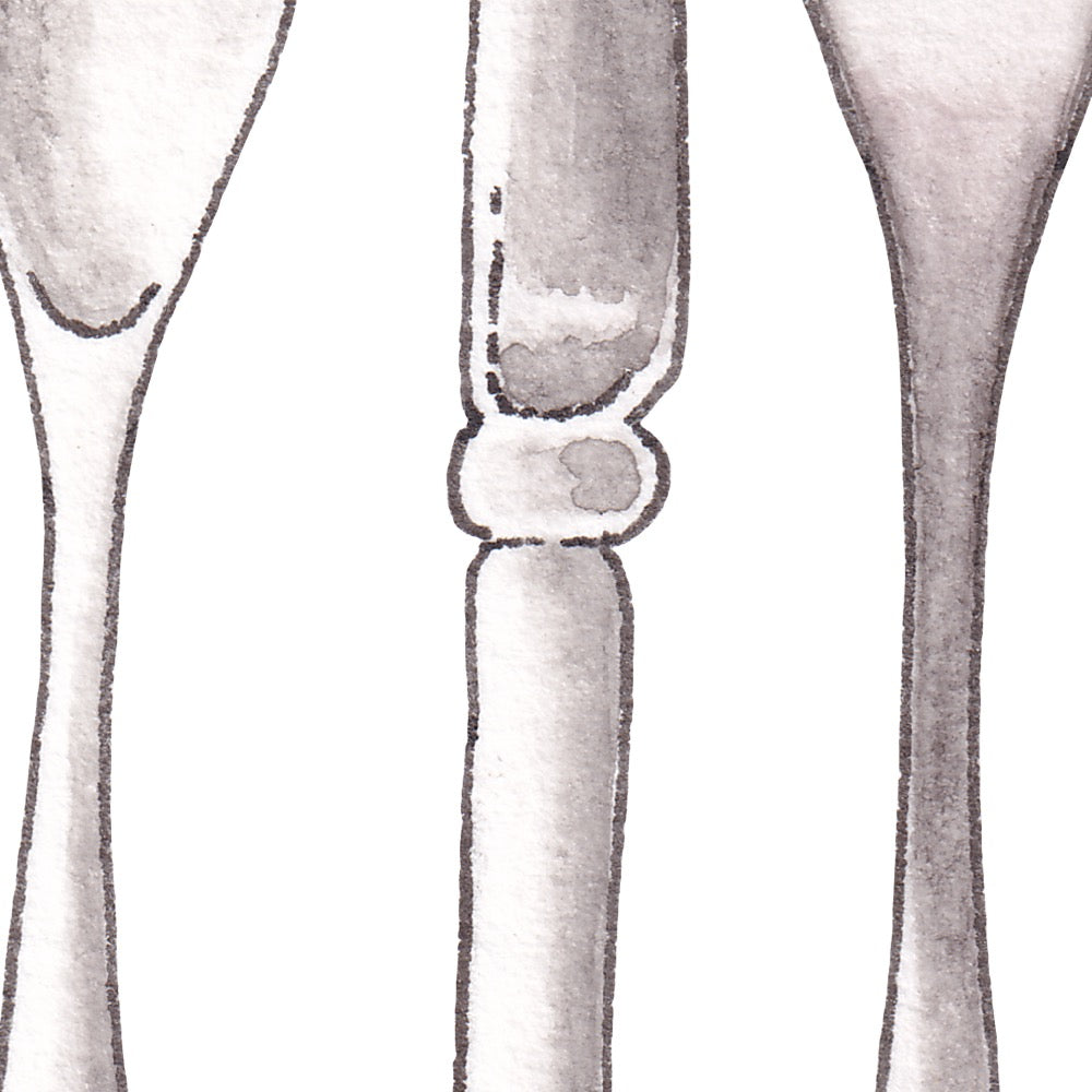 Arwil Art and Design watercolour illustration of a cutlery set, with gentle shading and fine line details - cropped to show detail