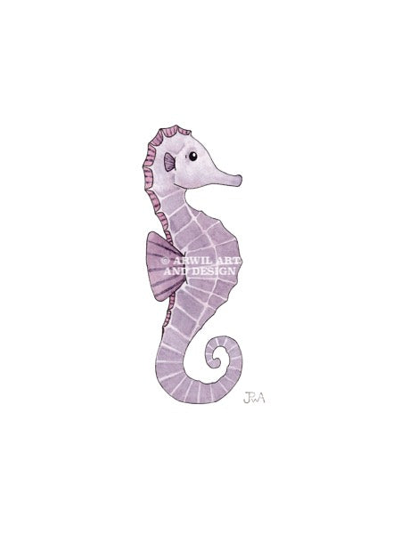 Watercolour illustration of a seahorse, with gentle shading and fine line details. Watermark copyright Arwil Art and Design