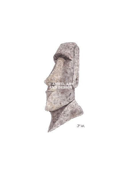 Watercolour illustration of an easter island head, with gentle shading and fine line details. Watermark copyright Arwil Art and Design
