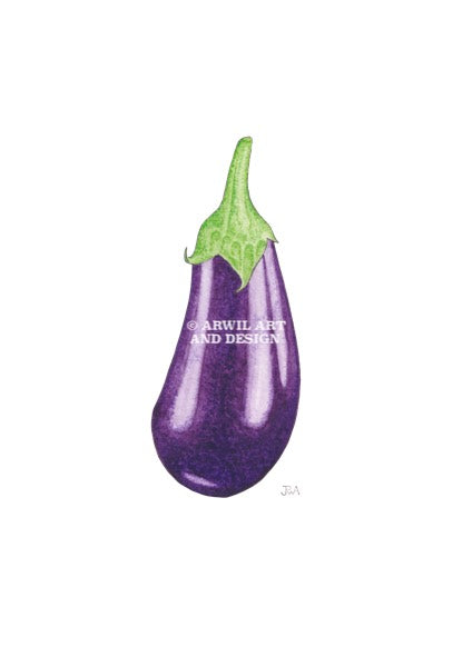 Watercolour illustration of an eggplant, with gentle shading and fine line details. Watermark copyright Arwil Art and Design