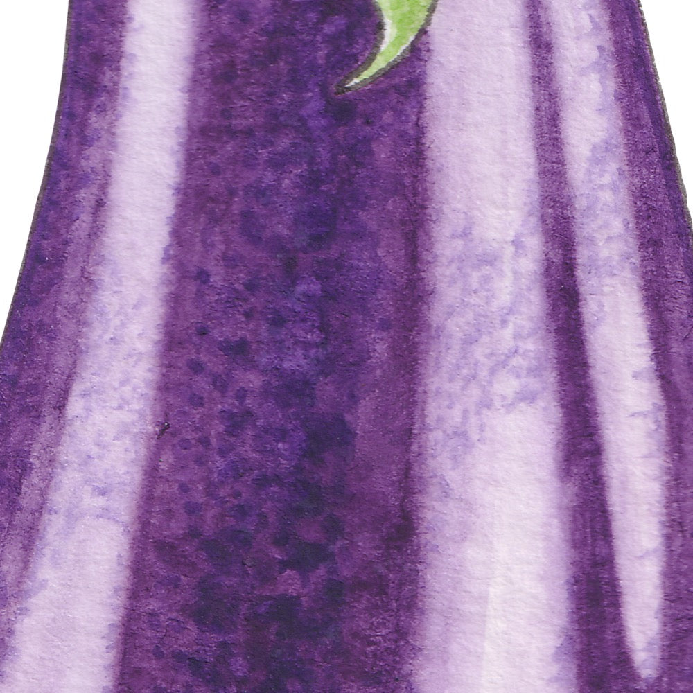Arwil Art and Design watercolour illustration of an eggplant, with gentle shading and fine line details - cropped to show detail 