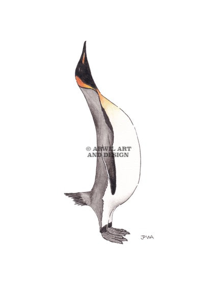 Watercolour illustration of a emperor penguin, with gentle shading and fine line details. Watermark copyright Arwil Art and Design