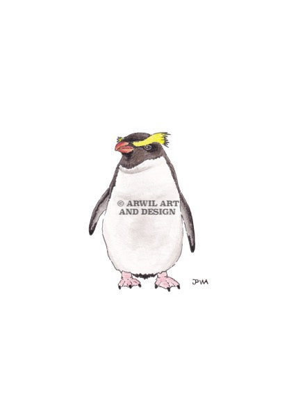 Watercolour illustration of a fiordland penguin, with gentle shading and fine line details. Watermark copyright Arwil Art and Design