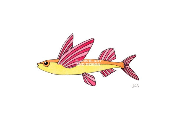 Watercolour illustration of a flying fish, with gentle shading and fine line details. Watermark copyright Arwil Art and Design