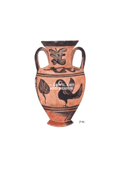 Watercolour illustration of a greek amphora vase, with gentle shading and fine line details. Watermark copyright Arwil Art and Design
