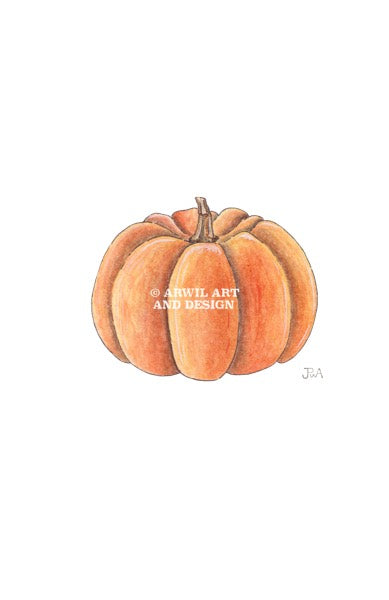 Watercolour illustration of a jack be little pumpkin, with gentle shading and fine line details. Watermark copyright Arwil Art and Design