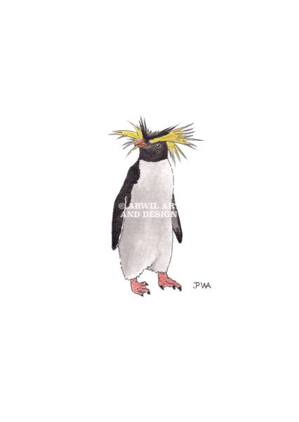 Watercolour illustration of a macaroni penguin, with gentle shading and fine line details. Watermark copyright Arwil Art and Design
