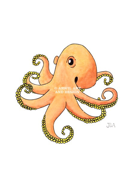Watercolour illustration of an octopus, with gentle shading and fine line details. Watermark copyright Arwil Art and Design