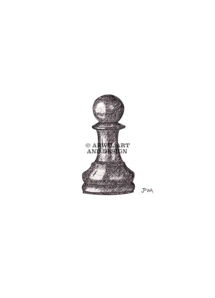 Watercolour illustration of a black chess pawn, with gentle shading and fine line details. Watermark copyright Arwil Art and Design