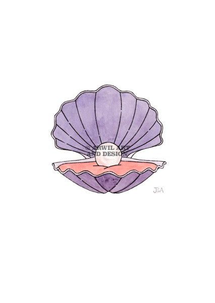 Watercolour illustration of a pearl shell, with gentle shading and fine line details. Watermark copyright Arwil Art and Design
