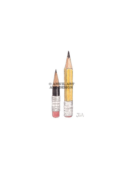 Watercolour illustration of two pencils, with gentle shading and fine line details. Watermark copyright Arwil Art and Design