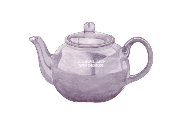 Watercolour illustration of a purple teapot, with gentle shading and fine line details. Watermark copyright Arwil Art and Design