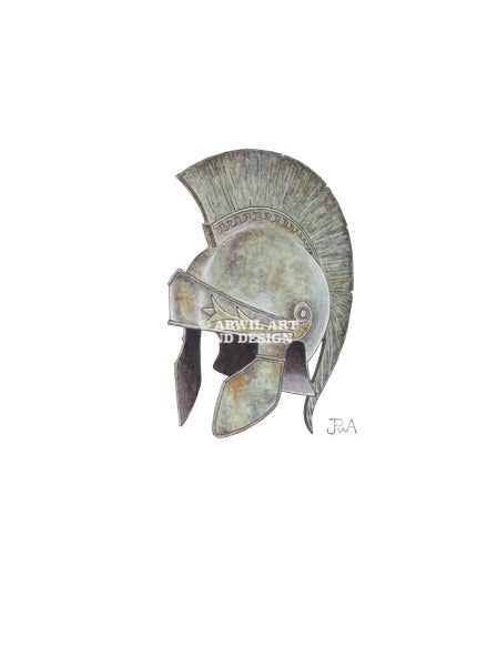 Watercolour illustration of a bronze attic roman helmet 450BC, with gentle shading and fine line details. Watermark copyright Arwil Art and Design