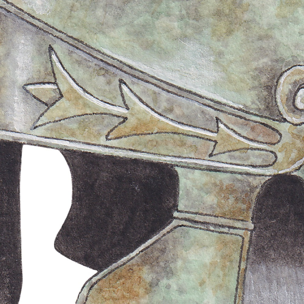 Arwil Art and Design watercolour illustration of a bronze attic roman helmet 450BC, with gentle shading and fine line details - cropped to show detail