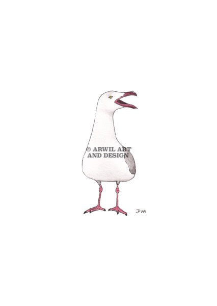 Watercolour illustration of a seagull, with gentle shading and fine line details. Watermark copyright Arwil Art and Design