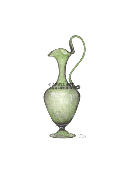 Watercolour illustration of a greek amphora vase, with gentle shading and fine line details. Watermark copyright Arwil Art and Design