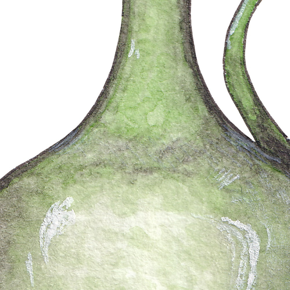 Arwil Art and Design watercolour illustration of a green glass vase, with gentle shading and fine line details - cropped to show detail