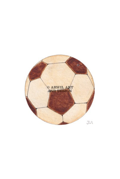 Watercolour illustration of a vintage soccer ball, with gentle shading and fine line details. Watermark copyright Arwil Art and Design