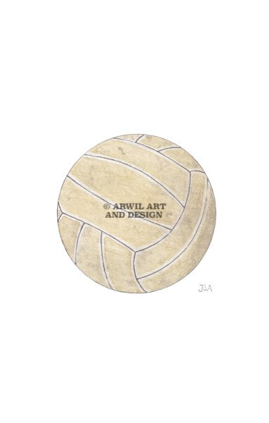 Watercolour illustration of a vollyball, with gentle shading and fine line details. Watermark copyright Arwil Art and Design
